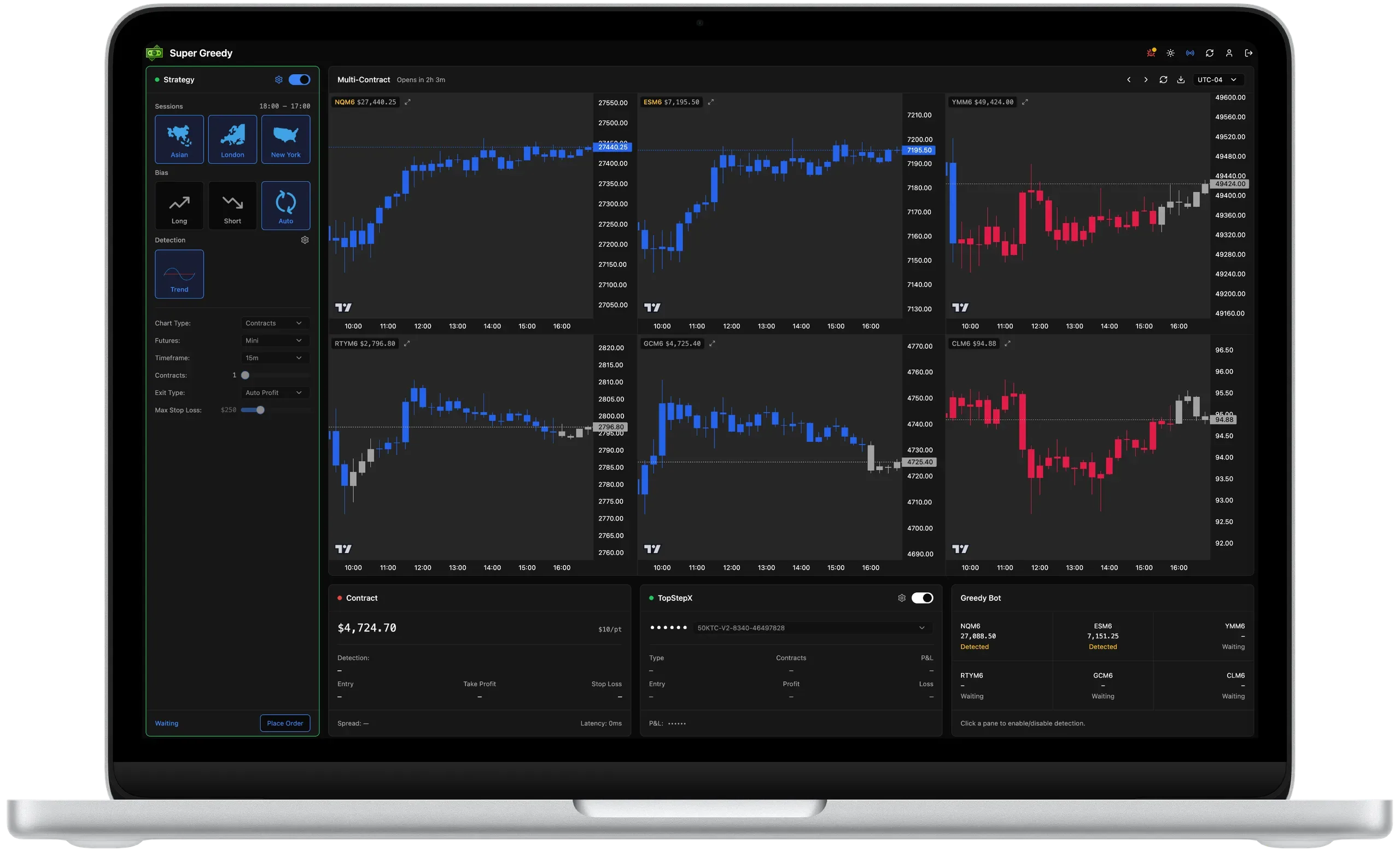 SuperGreedy Trading Bot Interface for Futures Trading dashboard on a laptop screen showing multiple futures contracts in one workspace