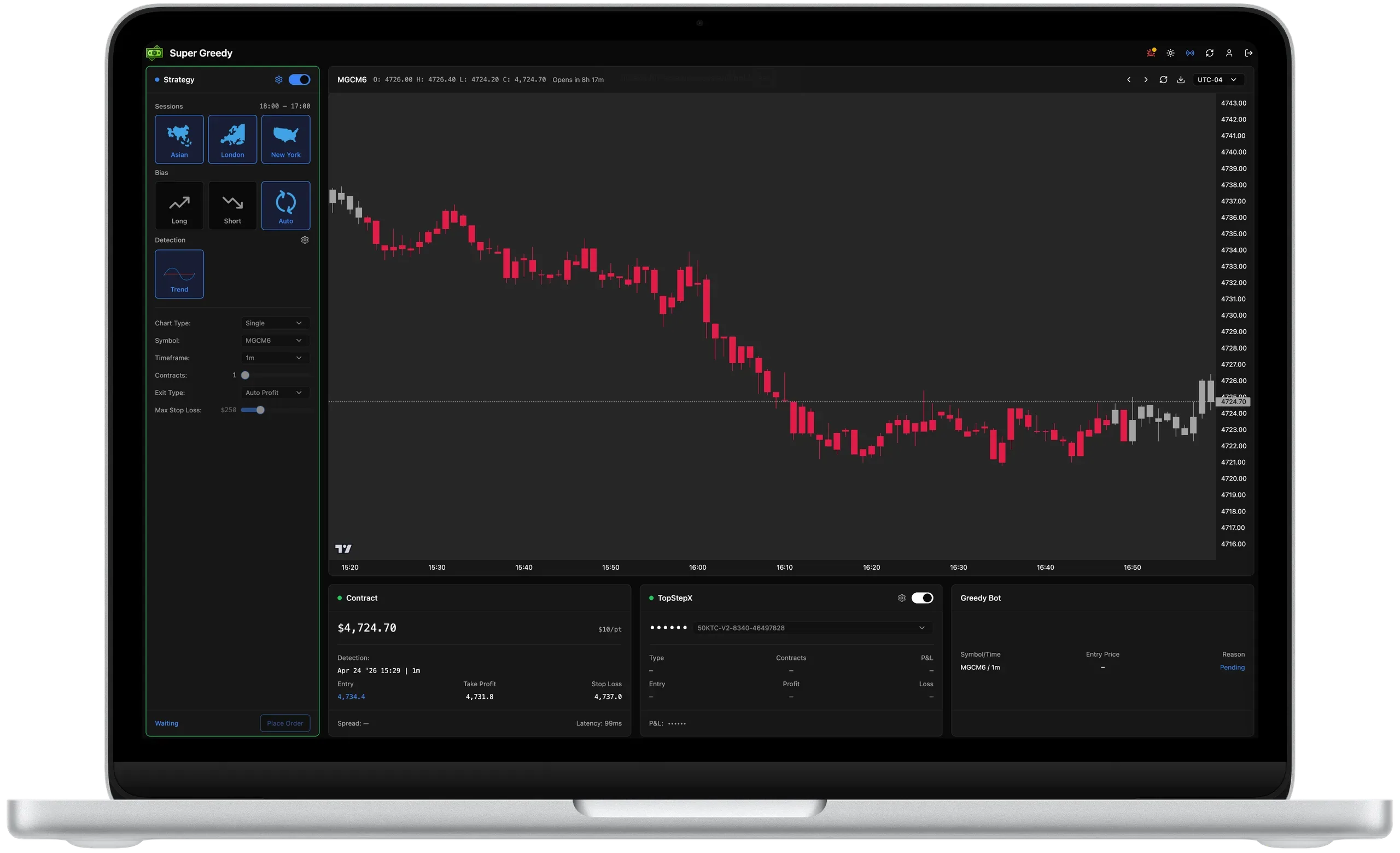 ORB Strategy for Futures Trading Super Greedy futures trading dashboard highlighting opening range breakout strategy settings